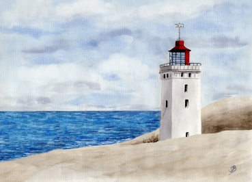 Poster DIN-A3  Aquarell Maritim Kunst Druck Kunstdruck Nordsee Dänemark Danmark Leuchtturm Rubjerg Knude Düne Blokhus Lokken Sonnenuntergang